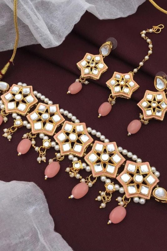 Anjali Kundan Jewellery Set - Peach