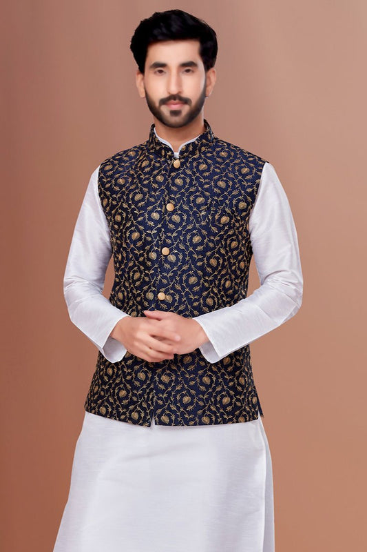 Arhaan Navy Blue Embroidered Waistcoat