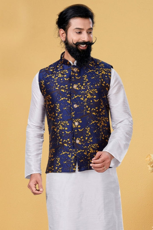 Arvish Navy Blue Embroidered Waistcoat