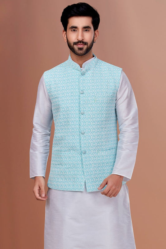 Aviraj Sky Blue Embroidered Waistcoast