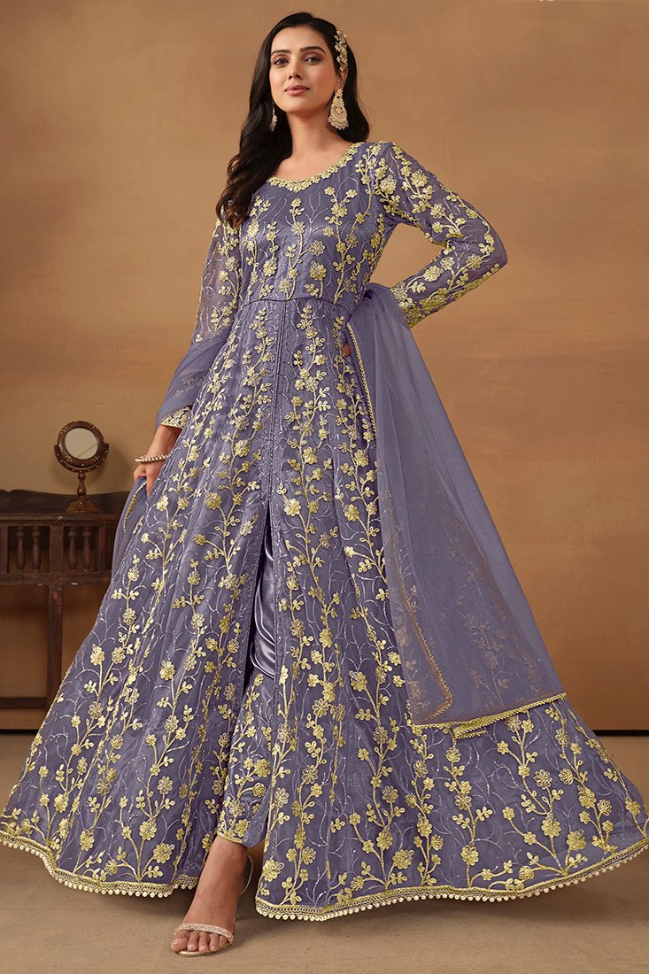 Kiara Net Embroidery Anarkali Suit - Lilac