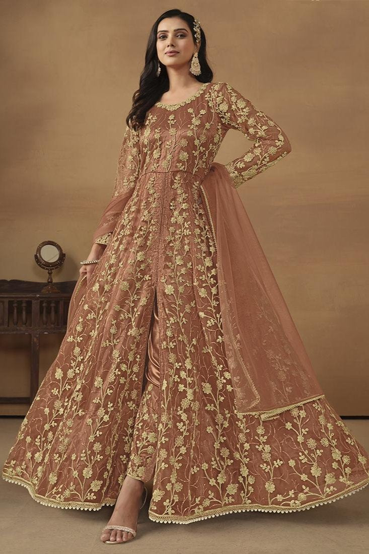 Kiara Net Embroidery Anarkali Suit - Orange