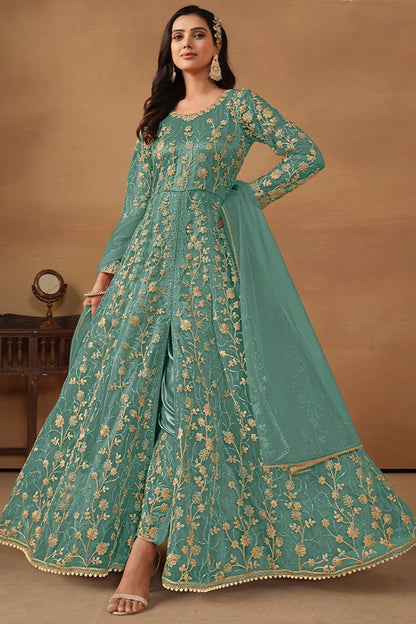 Kiara Net Embroidery Anarkali Suit - Teal