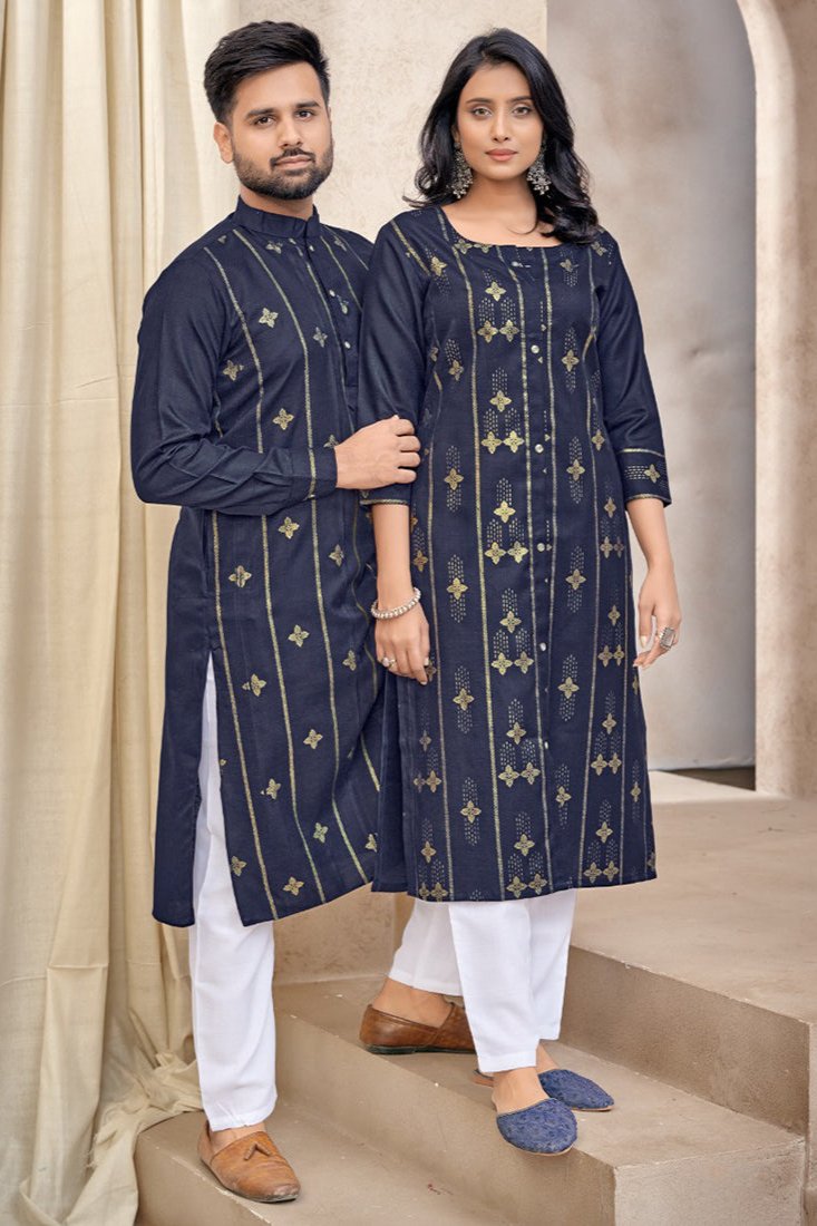 Matching Couple Kurta Set - Navy Blue