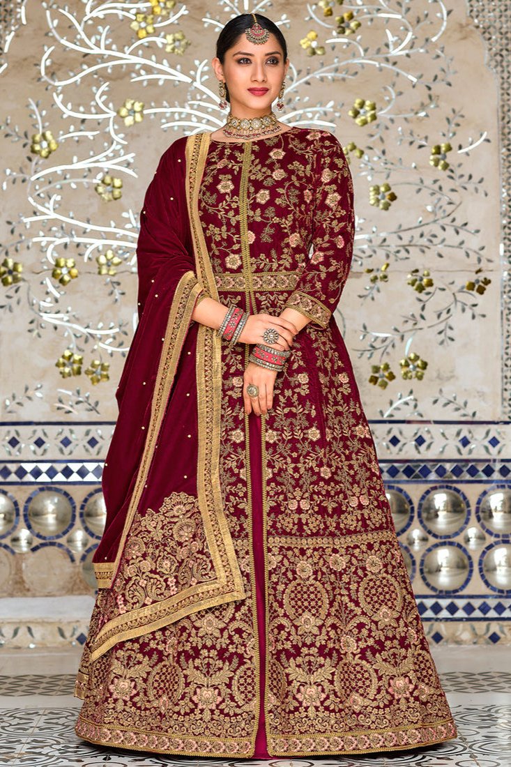 Mehak Wine Velvet Anarkali Suit