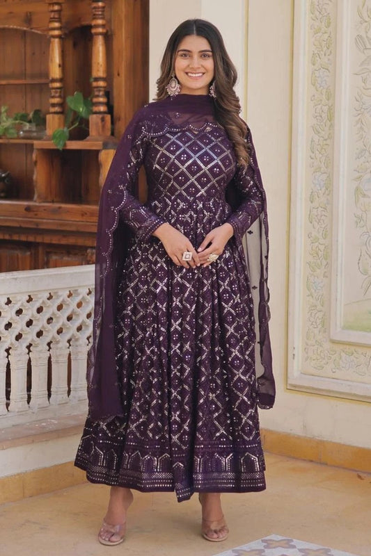 Meher Embroidered Readymade Gown - Purple