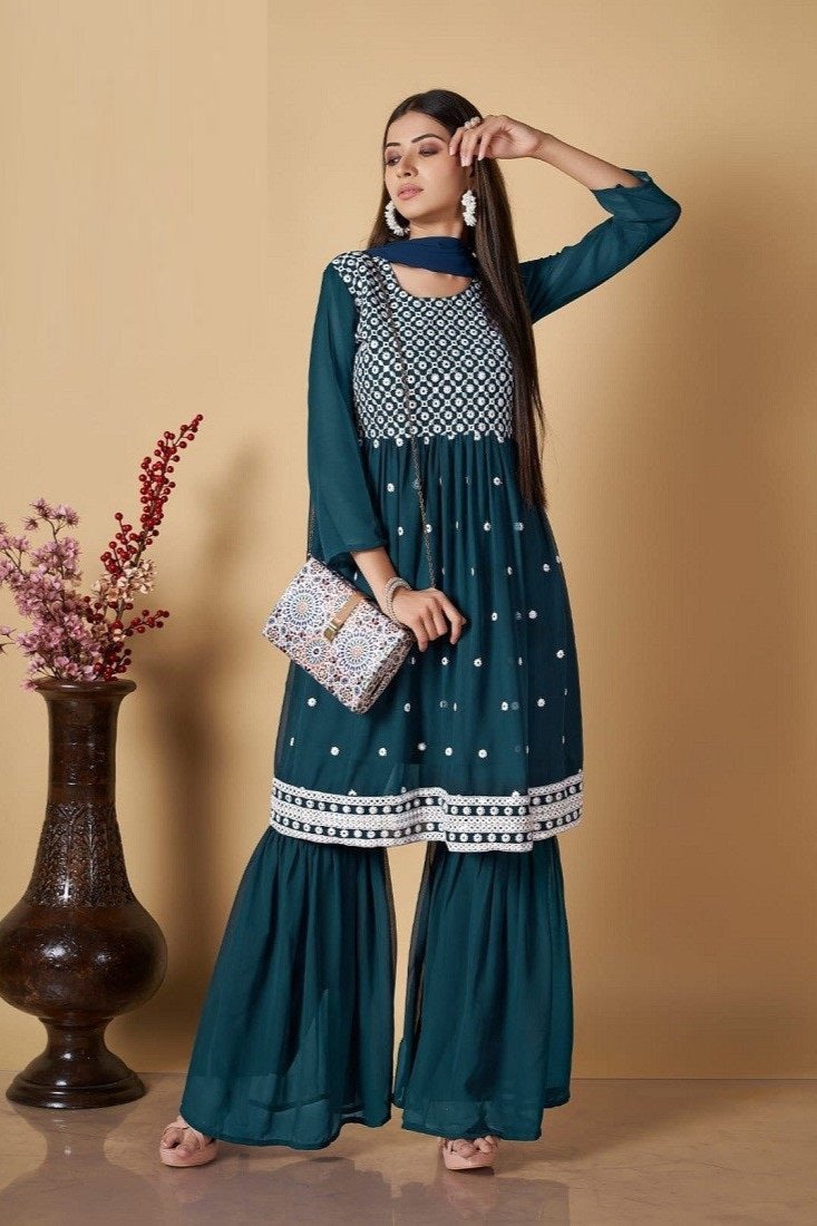 Mehira Sharara Suit - Teal