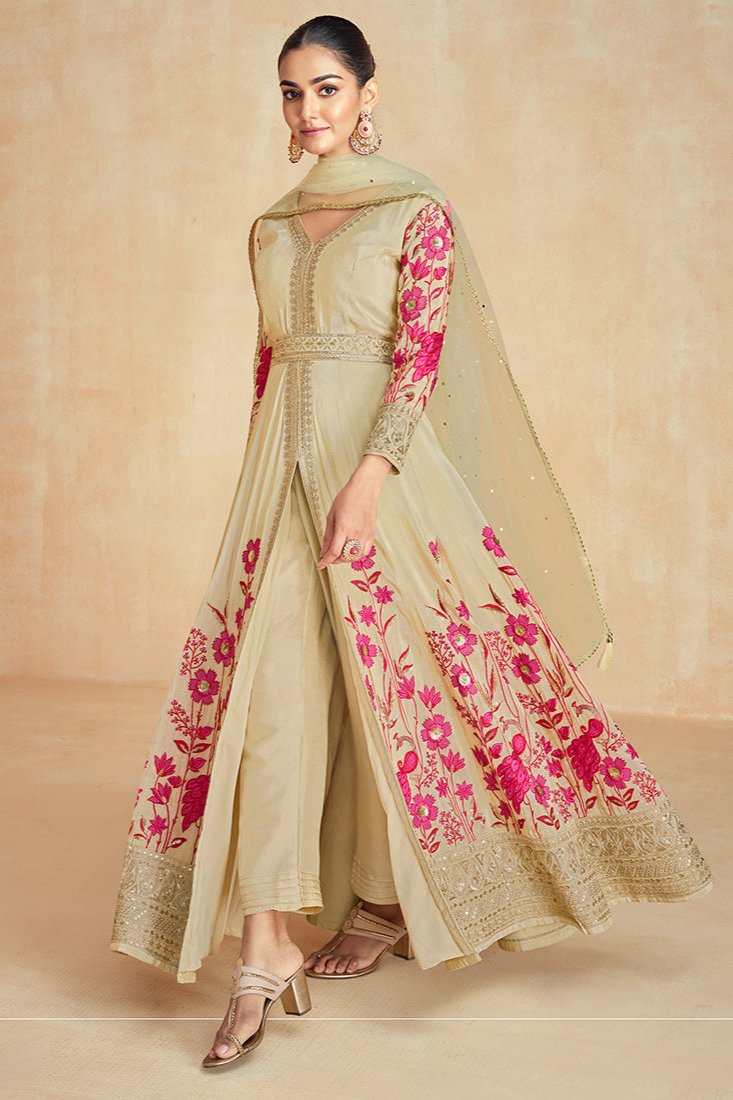 Pallavi Silk Anarkali Suit - Beige