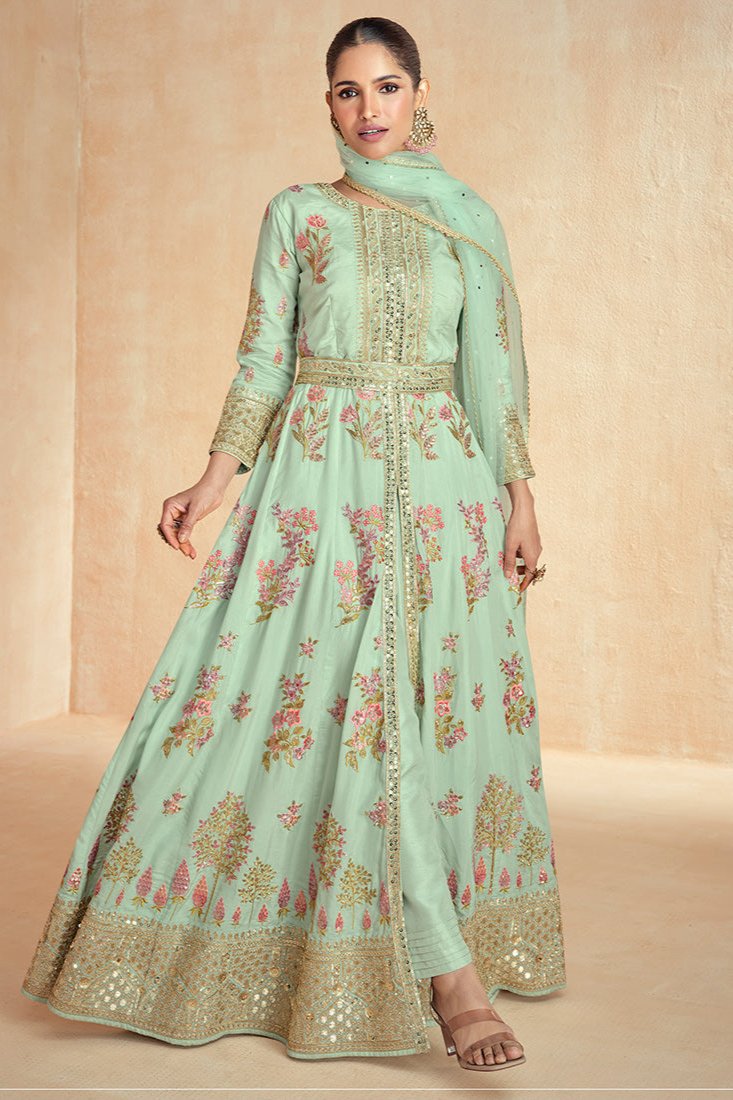 Pallavi Silk Anarkali Suit - Sea Green