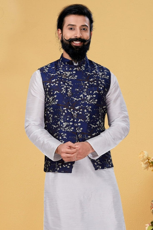 Rishav Navy Blue Embroidered Waistcoat