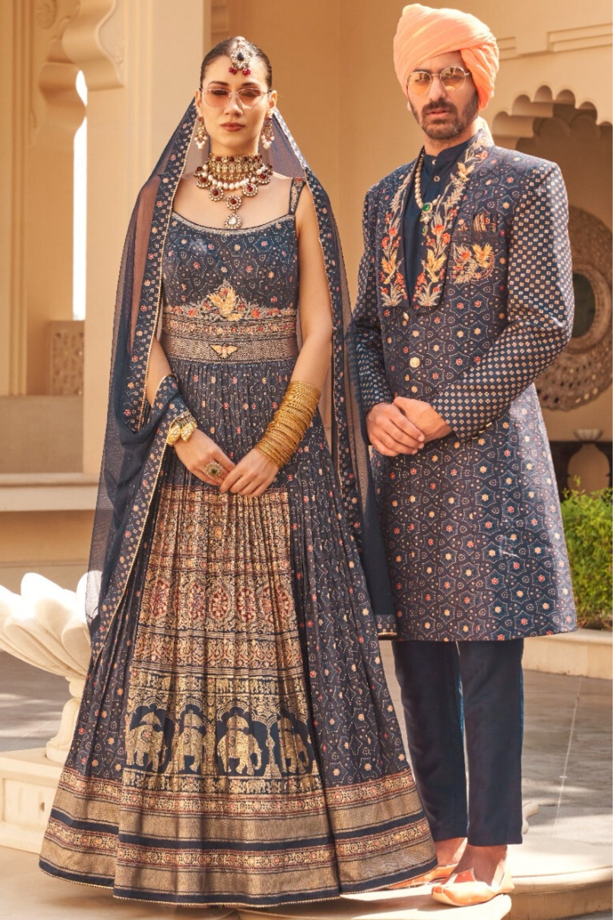 Rudraksh & Mira Navy Blue Bride & Groom Ensemble