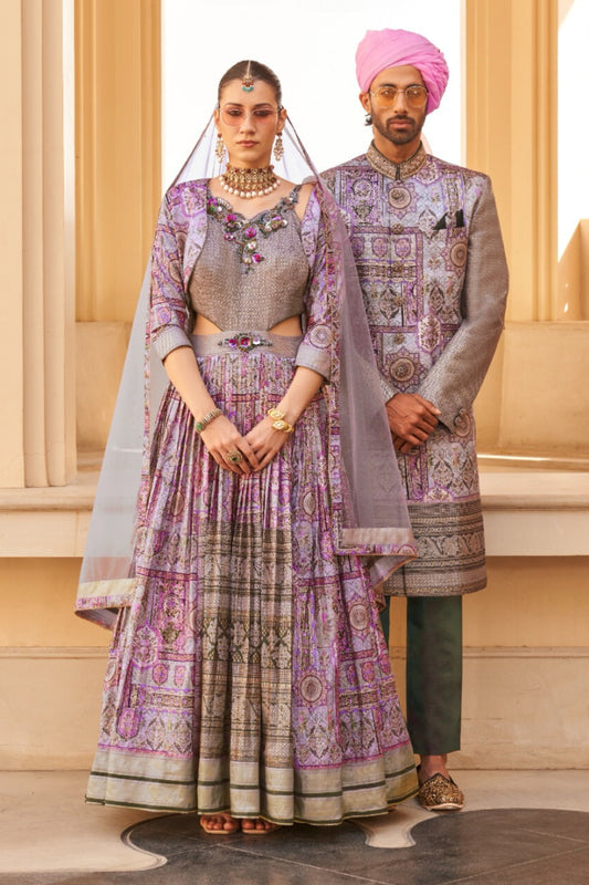 Samarth & Reeva Grey/Purple Bride & Groom Ensemble