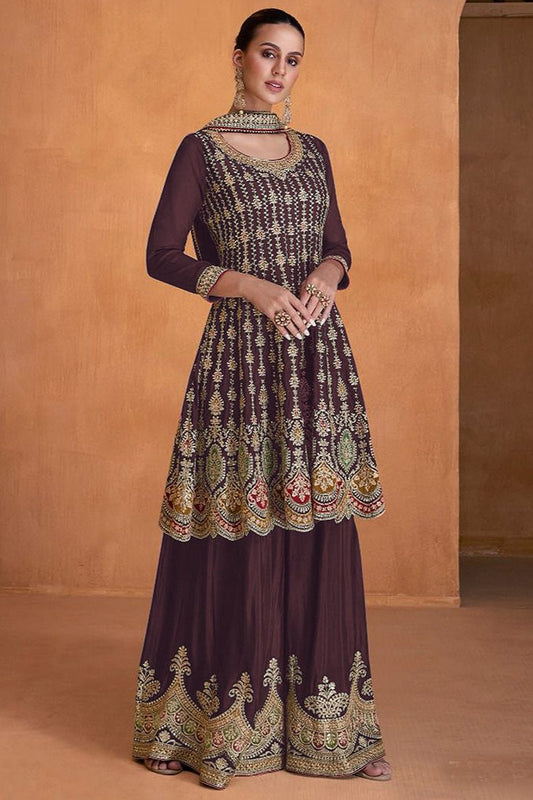 Shivani Georgette Sharara Suit - Wine