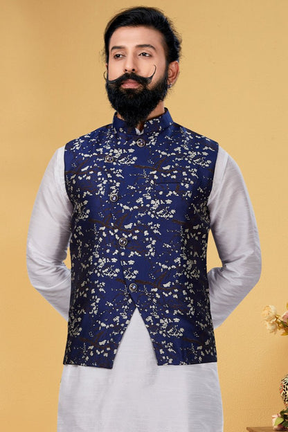 Taarush Navy Blue Embroidered Waistcoat