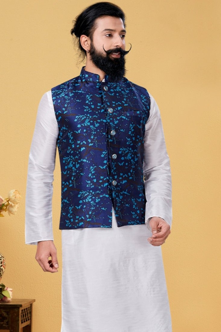 Taarush Navy Blue Embroidered Waistcoat