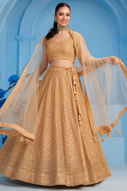 Mira Beige Sequin Embroidered Georgette Lehenga – Light & Elegant Partywear Set