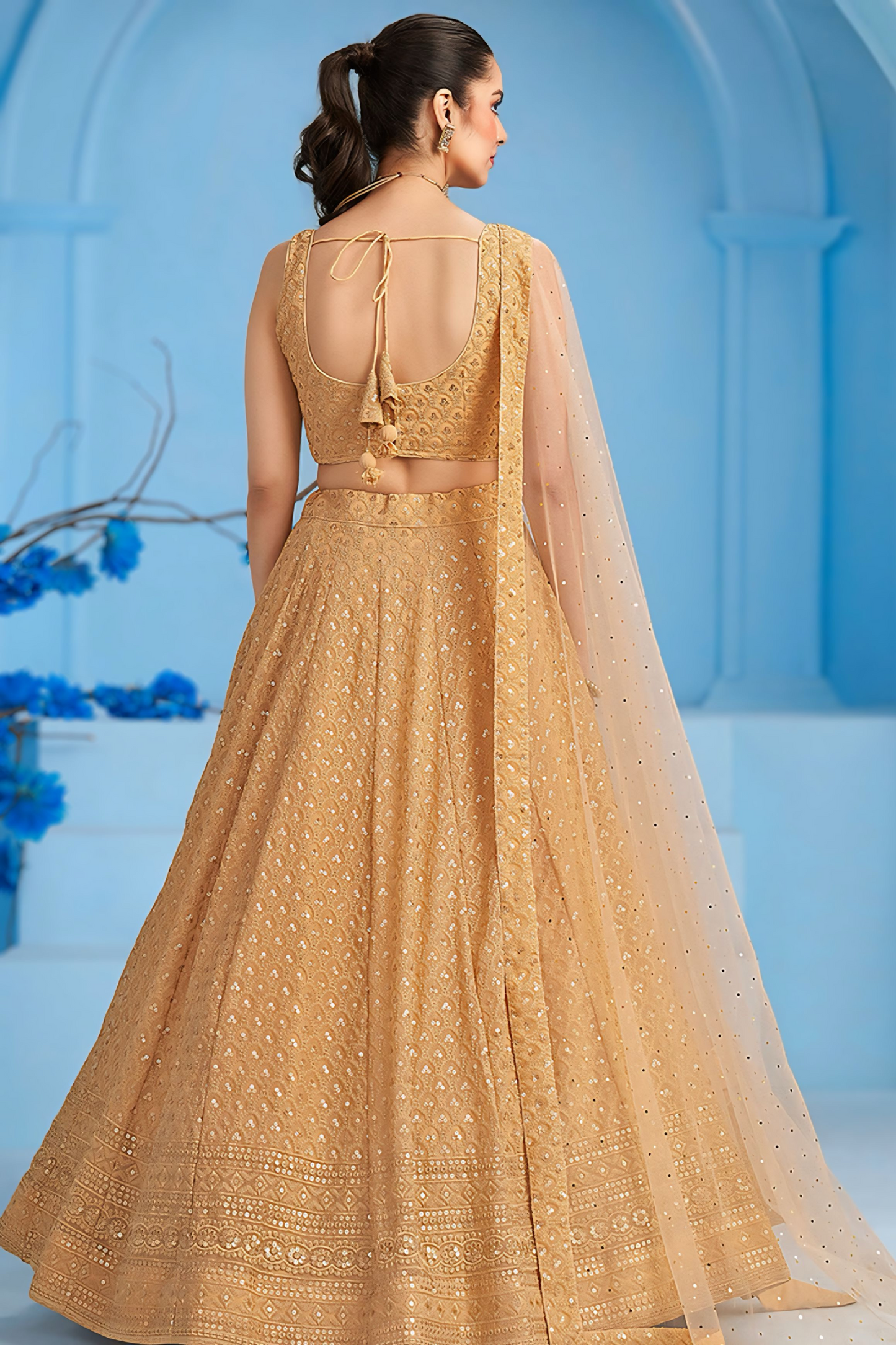 Mira Beige Sequin Embroidered Georgette Lehenga – Light & Elegant Partywear Set