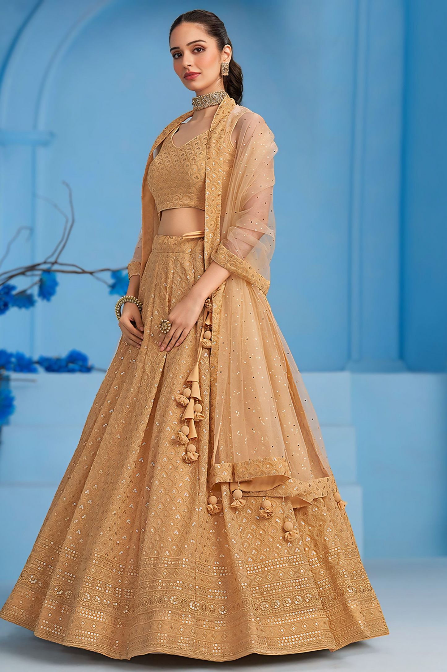 Mira Beige Sequin Embroidered Georgette Lehenga – Light & Elegant Partywear Set