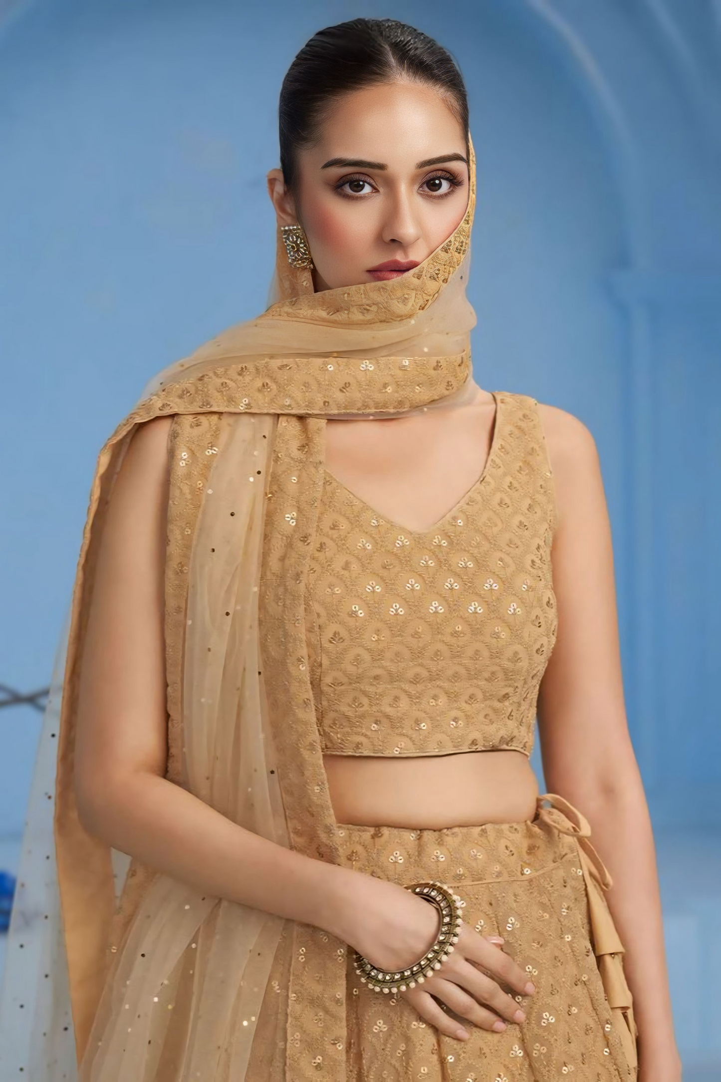 Mira Beige Sequin Embroidered Georgette Lehenga – Light & Elegant Partywear Set
