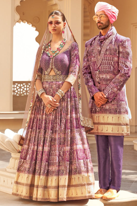 Veer & Kavita Light Purple Bride & Groom Ensemble