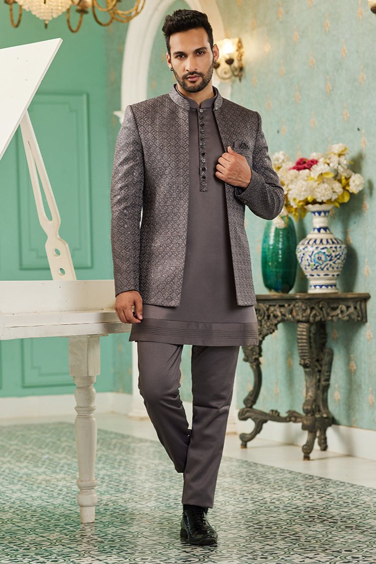 Viranch Grey Jodhpuri Suit