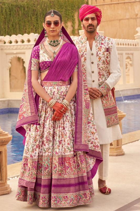 Vivaan & Naira White/Purple Bride & Groom Ensemble